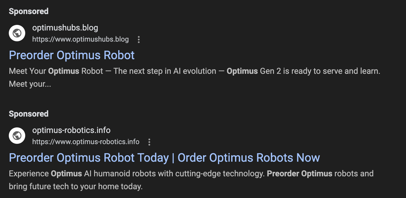 Google Search results with fake Tesla site advertisements